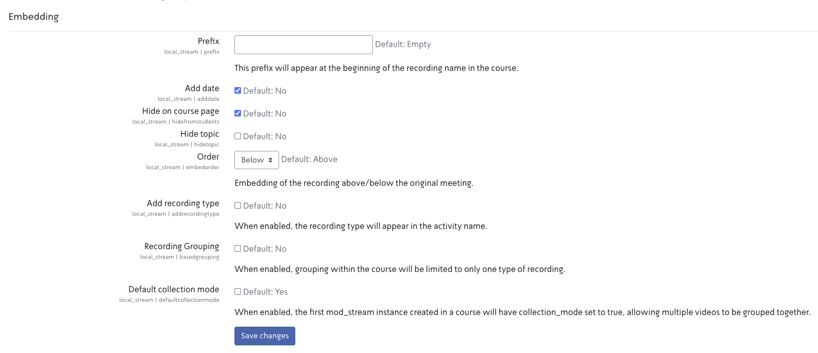 STREAM Embedding settings in Moodle – Prefix, Add date, Hide on course page, Order, Recording options